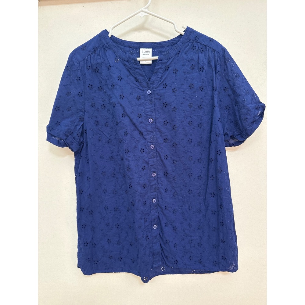 Blair Womens Large Navy Blue Eyelet Cotton Button Up Short Sleeve Blouse B15884
